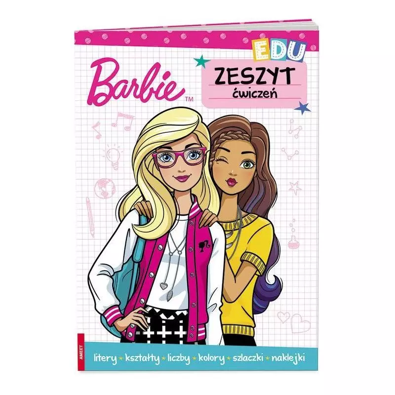 BARBIE ZESZYT ĆWICZEŃ LITERY KSZTAŁTY LICZBY KOLORY SZLACZKI NAKLEJKI