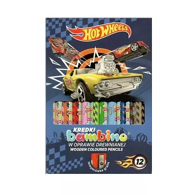 KREDKI BAMBINO DREWNIANE GRUBE 12 KOLORÓW + TEMPERÓWKA HOT WHEELS - St. Majewski