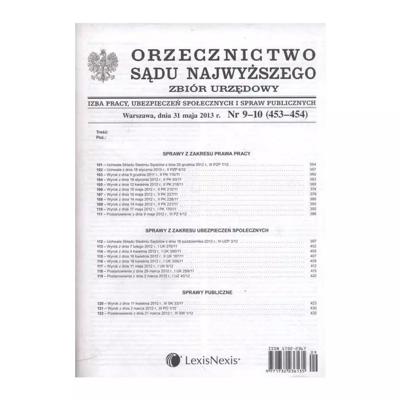 ORZECZNICWO SĄDU NAJWYŻSZEGO ZBIÓR URZĘDOWY 9-10 / 2013 - LexisNexis