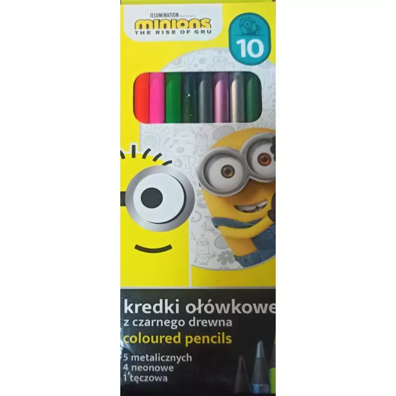 KREDKI OŁÓWKOWE Z CZARNEGO DREWNA 10 KOLORÓW MINIONKI - St. Majewski