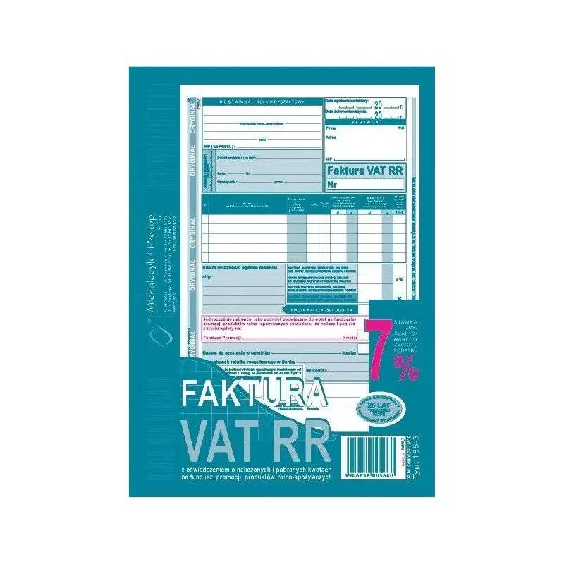 FAKTURA VAT RR 7% DRUKI SAMOKOPIUJĄCE TYP: 185-3 - Michalczyk i Prokop