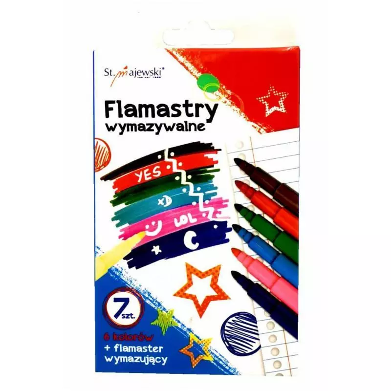 FLAMASTRY WYMAZYWALNE 6 KOLORÓW + FLAMASTER WYMAZUJĄCY - St. Majewski