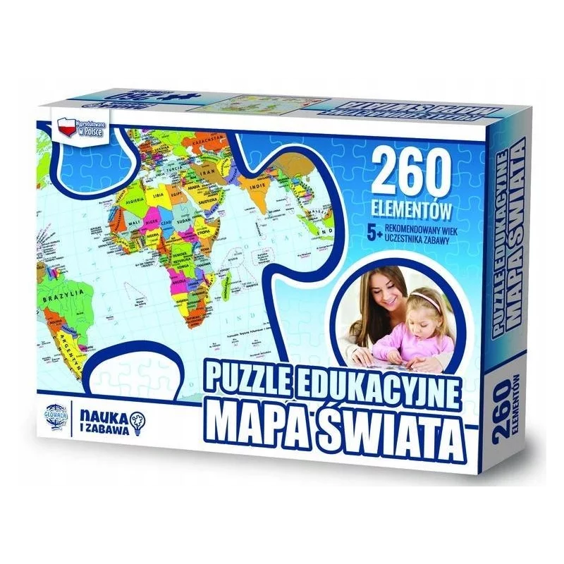 MAPA ŚWIATA PUZZLE EDUKACYJNE 260 ELEMENTÓW 5+ - Głowała