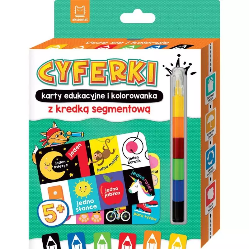 CYFERKI. KARTY EDUKACYJNE I KOLOROWANKA Z KREDKĄ SEGMENTOWĄ. UCZĘ SIĘ I KOLORUJĘ 5+ - Aksjomat CYFERKI. KARTY EDUKACYJNE I KOLOROWANKA Z KREDKĄ SEGMENTOWĄ. UCZĘ SIĘ I KOLORUJĘ 5+ - Aksjomat