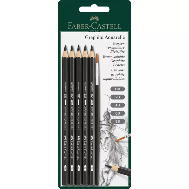 OŁÓWEK AKWARELOWY FABER-CASTELL 5 SZT. HB + 2B + 4B + 6B + 8B + PĘDZELEK - Faber Castell