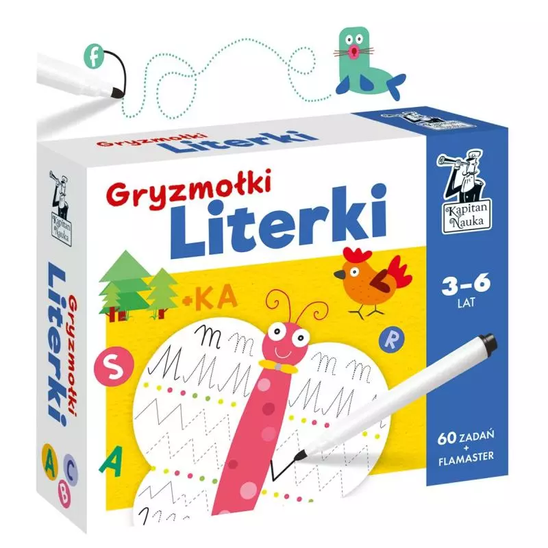 GRYZMOŁKI LITERKI 60 ZADAŃ + FLAMASTER KAPITAN NAUKA 3+ - Edgard