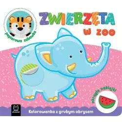 ZWIERZĘTA W ZOO. KOLOROWANKA Z GRUBYM OBRYSEM, OKRĄGŁE NAKLEJKI, PAPIEROWA ZABAWKA - Aksjomat