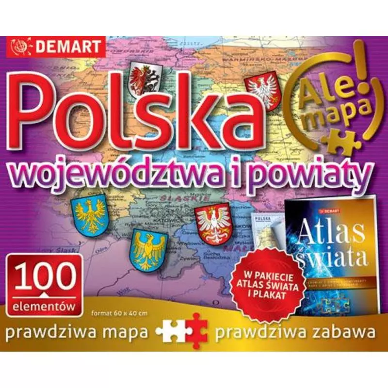 POLSKA WOJEWÓDZTWA I POWIATY. PUZZLE 100 ELEMENTÓW + ATLAS I PLAKAT - Demart