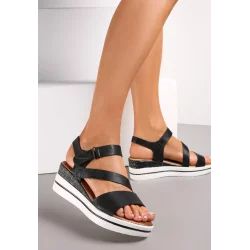 CZARNE SANDAŁY Z RZEPEM NA NISKIM KOTURNIE ROZMIAR 40