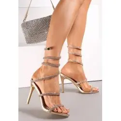 SZAMPAŃSKIE SANDAŁY NA SZPILCE ZE SPRĘŻYNĄ Z CYRKONIAMI ROZMIAR 40