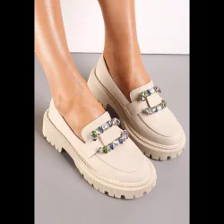 BEŻOWE MOKASYNY Z KLAMERKĄ Z CYRKONIAMI NA GRUBEJ PODESZWIE ROZMIAR 38