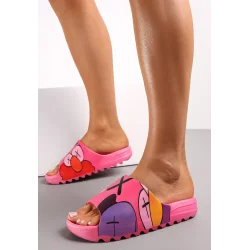 FUKSJOWE PIANKOWE KLAPKI NA GRUBEJ PODESZWIE Z OZDOBNYM NADRUKIEM ROZMIAR 40