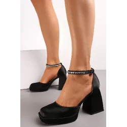 CZÓŁENKA SANDAŁY Z PASKIEM W CYRKONIE NA SŁUPKU CZARNE SATYNOWE ROZMIAR 36