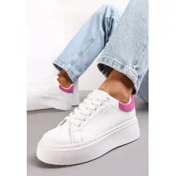 BIAŁO-FUKSJOWE SNEAKERSY Z KOLOROWYM ZAPIĘTKIEM NA PLATFORMIE ROZMIAR 39