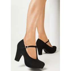 CZARNE CZÓŁENKA NA NISKIM SŁUPKU I PLATFORMIE Z CIENKIMI PASKAMI ROZMIAR 38