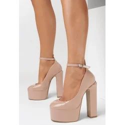 BEŻOWE LAKIEROWANE CZÓŁENKA NA WYSOKIM SŁUPKU ROZMIAR 38