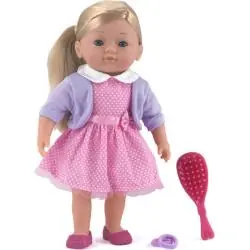 LALKA CHARLOTTE W SUKIENCE W KROPKI + SZCZOTKA I GUMKI DOLLS WORLD 38 CM