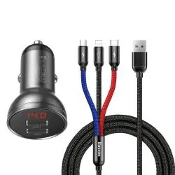 ŁADOWARKA SAMOCHODOWA 24W | 2X USB + KABEL 3W1 TYPE-C / MICRO USB / LIGHTNING BASEUS