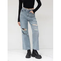 DAMSKIE SPODNIE JEANS SZEROKIE NOGAWKI MODNE PRZETARCIA ROZMIAR L CIDER