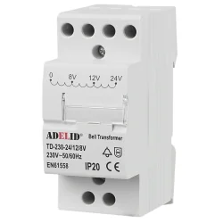TRANSFORMATOR DZWONKOWY MODUŁOWY ADELID 230V 8V 12V 24V NA SZYNĘ DIN