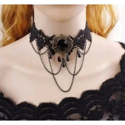 NASZYJNIK CHOKER KORONKOWY Z OZDOBNYMI KORALIKAMI GOTYCKI HALLOWEEN JUMI