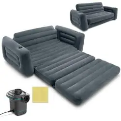 SOFA DMUCHANA ROZKŁADANA 2W1 INTEX 66552 – MATERAC DWUOSOBOWY, ŁÓŻKO I KANAPA, SZARA 203x224x66 CM