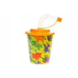 DZIECIĘCY KUBEK PLASTIKOWY Z RURKĄ I WIECZKIEM DINOZAURY 3D 250 ML