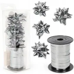 ZESTAW DO PAKOWANIA PREZENTÓW 1 WSTĄŻKA 15 M + 4 KOKARDKI SREBRNY