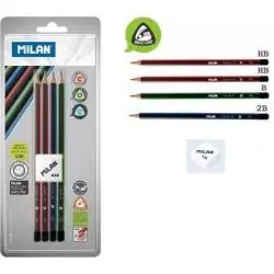 ZESTAW OŁÓWKÓW TRÓJKĄTNYCH HB 4SZT MILAN + GUMKA