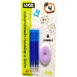 WKŁADY DO DŁUGOPISÓW WYMAZYWALNYCH NIEBIESKIE LOOZZ 4 SZTUKI + GUMKA