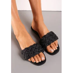 CZARNE KLAPKI Z PLECIONYM PASKIEM I KWADRATOWYM NOSKIEM ROZMIAR 39