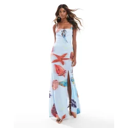 SUKIENKA DAMSKA MAXI ASOS NIEBIESKA W MUSZELKI Z ROZCIĘCIEM ROZMIAR L