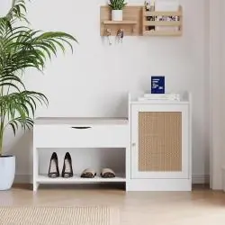 BIAŁA SZAFKA NA BUTY Z SIEDZISKIEM I RATTANOWYMI DRZWICZKAMI 100X38X62,5 CM