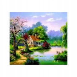 MALOWANIA PO NUMERACH 40X50 DOM NAD STAWEM Z PĘDZLAMI I FARBAMI 7+