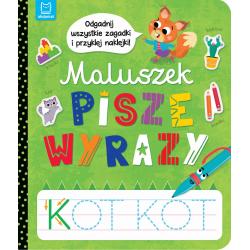 MALUSZEK PISZE WYRAZY. ODGADNIJ ZAGADKI I PRZYKLEJ NAKLEJKI