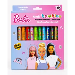 KREDKI BAMBINO DREWNIANE GRUBE 12 KOLORÓW + TEMPERÓWKA BARBIE