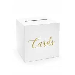 PUDEŁKO NA KOPERTY ŚLUBNE BIAŁE ZE ZŁOTYM NAPISEM CARDS