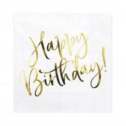 SERWETKI URODZINOWE BIAŁE ZE ZŁOTYM NAPISEM HAPPY BIRTHDAY 20SZT