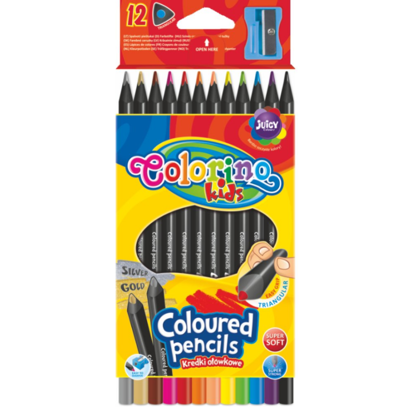 KREDKI OŁÓWKOWE Z CZARNEGO DREWNA 12 KOLORÓW + TEMPERÓWKA COLORINO KIDS - Patio