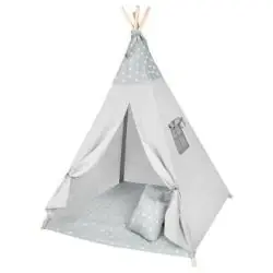 NAMIOT TIPI DLA DZIECI SZARY W GWIAZDKI Z MATĄ I 3 PODUSZKAMI 115×115×180 CM 9M+