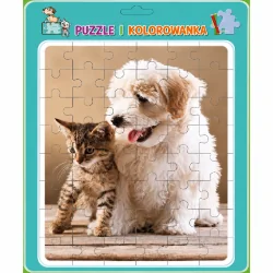 PUZZLE W RAMCE Z KOLOROWANKĄ PIESEK Z KOTKIEM