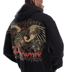 BLUZA CZARNA Z KAPTUREM I NADRUKIEM NA PLECACH ROZMIAR M BERSHKA