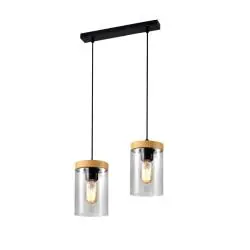 LAMPA WISZĄCA WELS 2XE27 CZARNA DREWNO KLOSZ SZKLANY DYMIONY